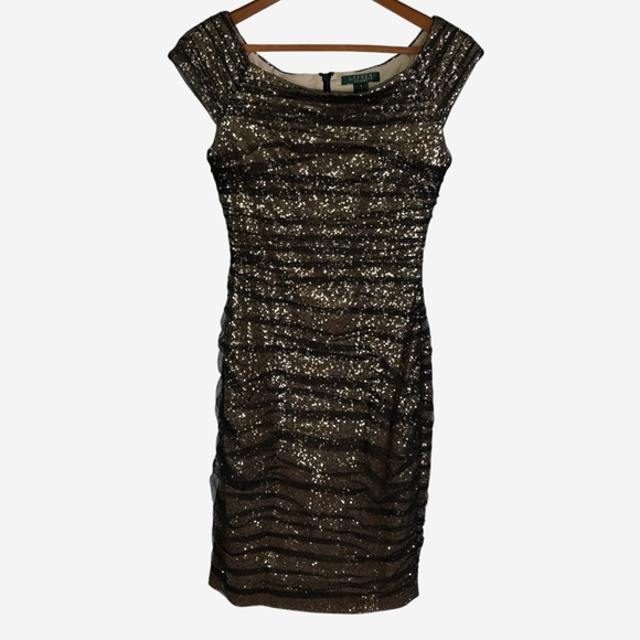 Lauren Ralph Lauren Evening Dress Size 8 Gold Sequined Black Tulle Stretch - Picture 2 of 12